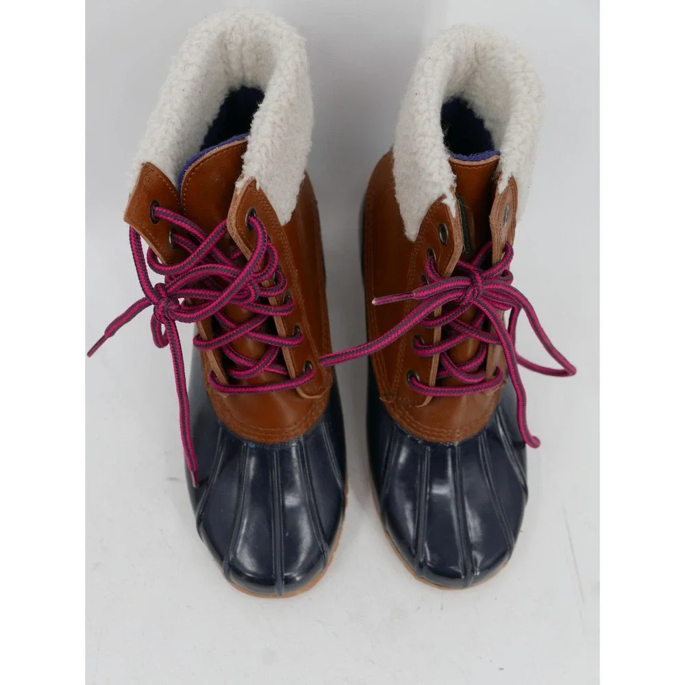 Bass Harlequin Winter Boots Brown Navy Faux Fur Ankle Lace Up Womens Size 6